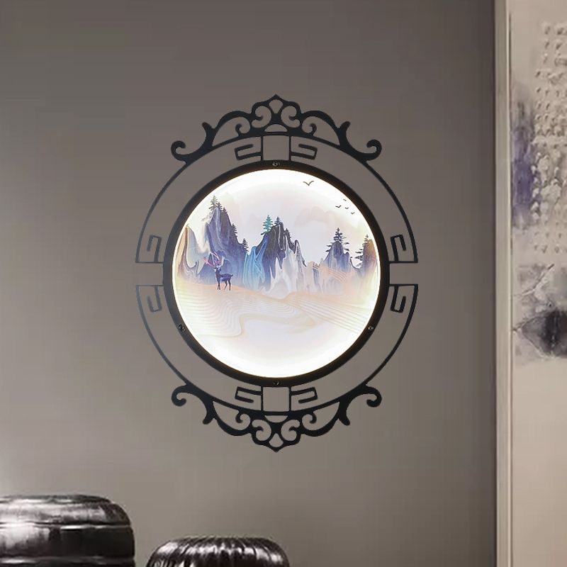 Elk and Mountain Study Room Mural Lamp Metal Asian LED Wall Light Fixture with Scroll Frame in Black