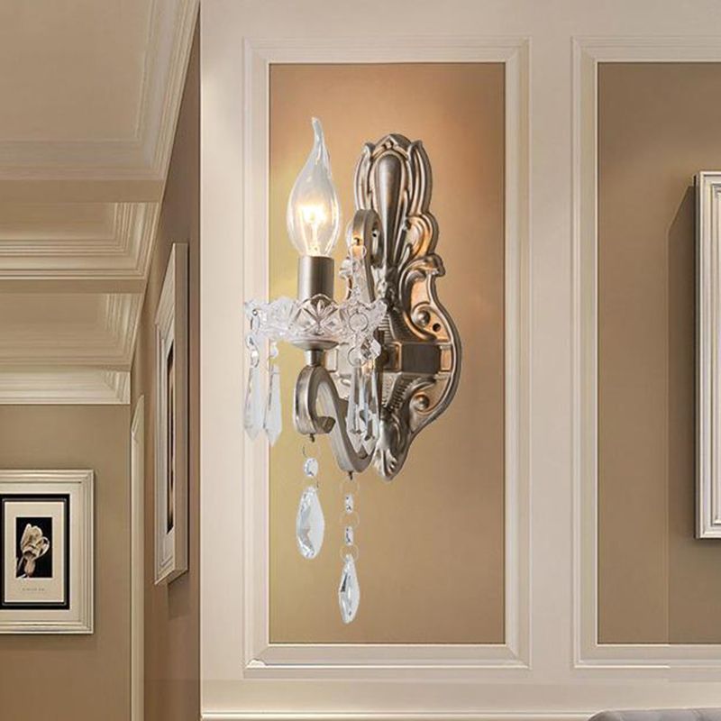 Swirl Arm Living Room Wall Light Fixture Retro Style Metal 1/2-Light Silver Finish Sconce Lighting with Crystal Drop