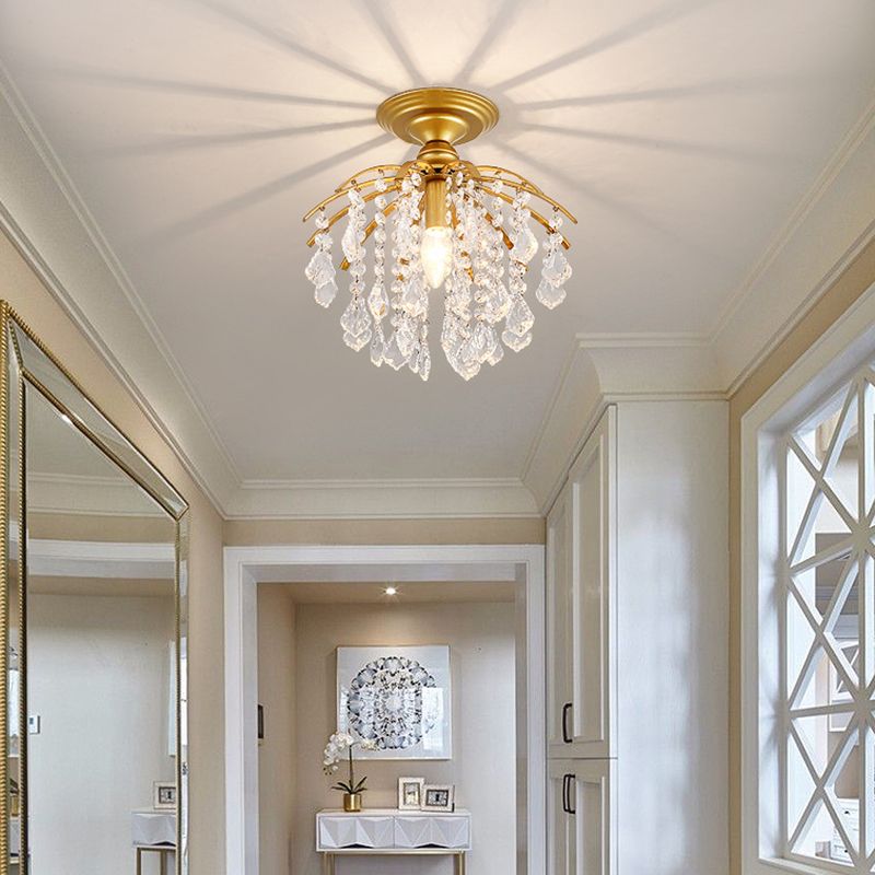 Metal Branch Semi Flush Mount Lighting Rural 1 Head Hallway Crystal Ceiling Light Fixture