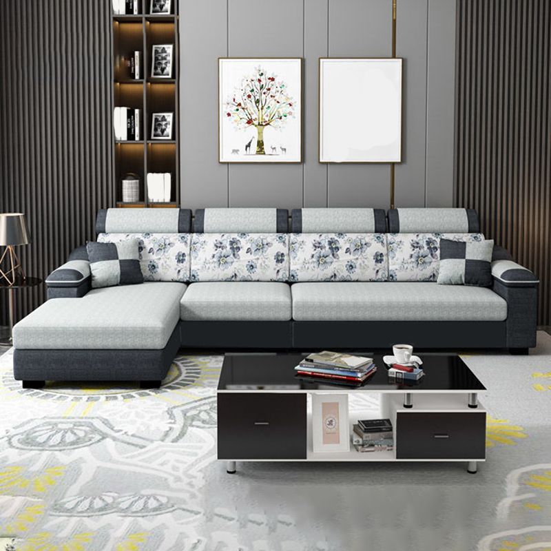 33.46" Tall Grey Sectional Sofa Faux Leather/Linen Flared Arm Modular Sofa