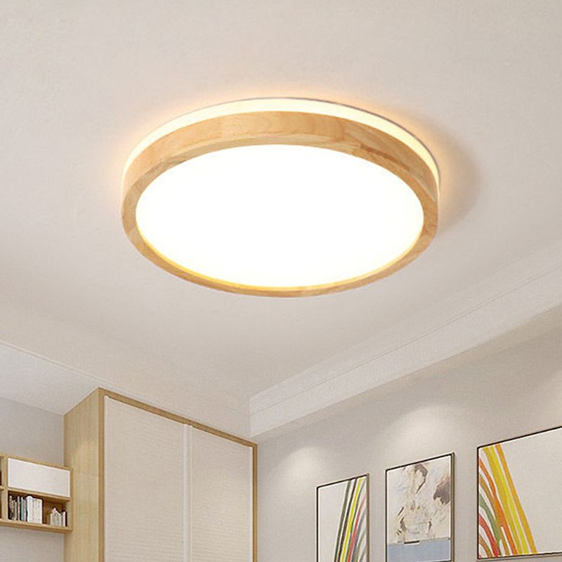 Wood Tambour Ceiling Flush Mount Nordic Beige 12"/16" Dia LED Flushmount Lighting with Recessed Diffuser