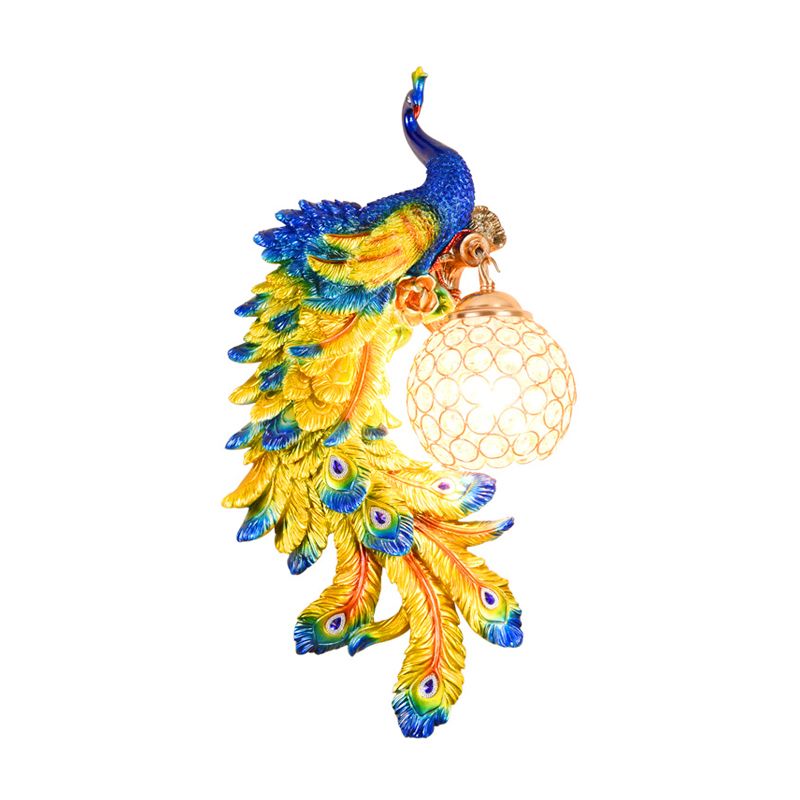 Double/Right/Left Peacock Wall Lamp Country Resin 1 Bulb Sconce Light Fixture with Clear Crystal Shade in White/Blue Finish, 1/2-Pack