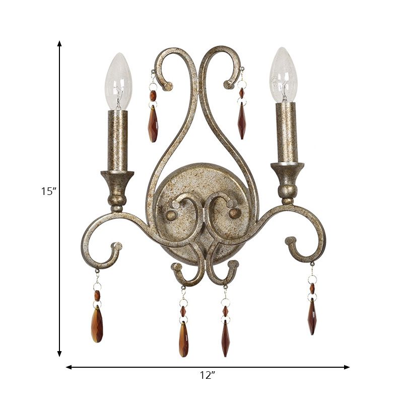 Candle Wall Sconce French Country Iron 2 Lights Aged Silver Sconce Light Fixture with K9 Crystal Deco