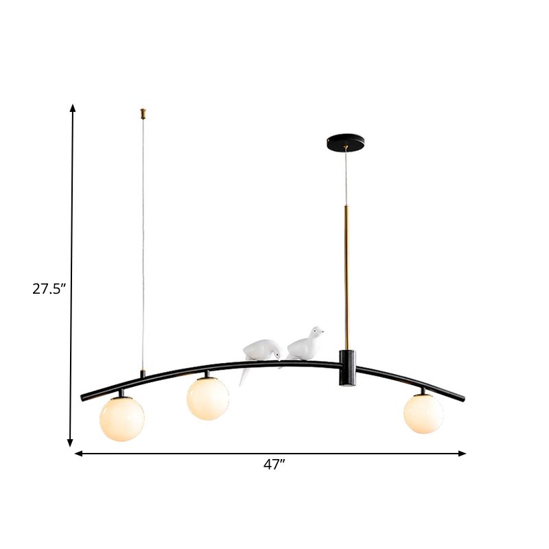 Mini Sphere Milk Glass Island Lamp Modern 3 Heads Black-Brass Suspension Pendant with Bird Decoration