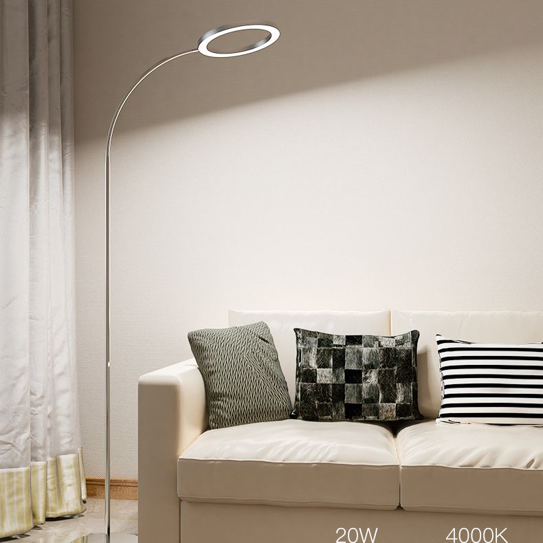 Silver Ring Shade Floor Light Simple Style Metal LED Flexible Stand Up Lamp for Bedroom