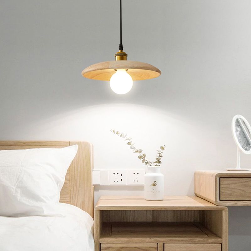 Japanese Minimalist Solid Wood Hanging Light Single Light Bedside Pendant Lamp in Beige