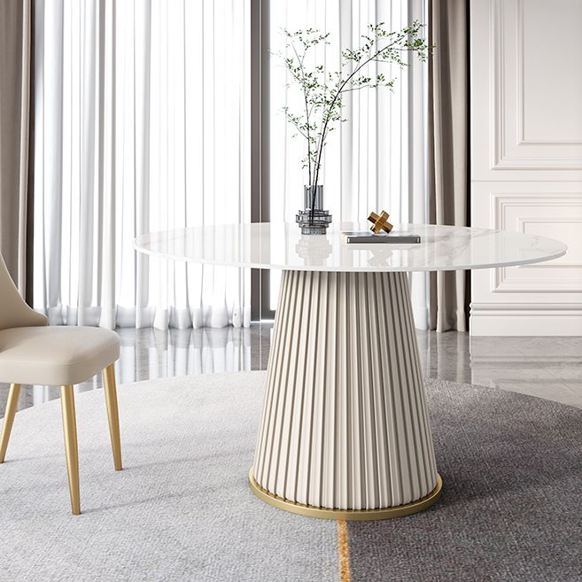 Round Traditional Luxury Dining Room Table White Sintered Stone Table with White Pedestal Base