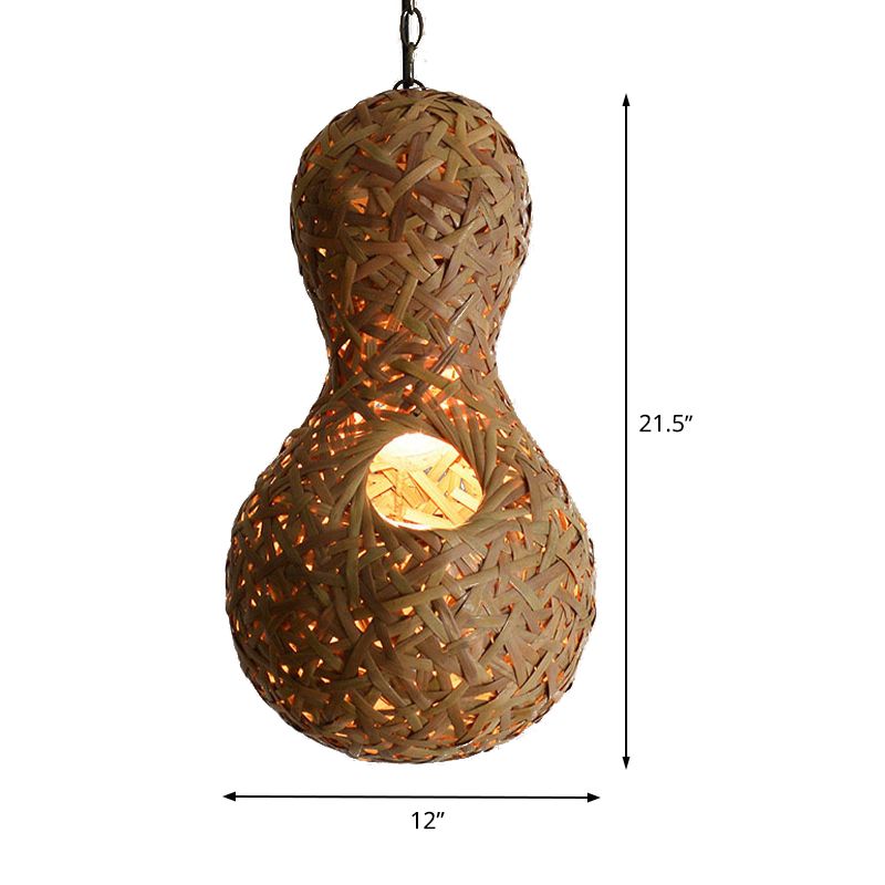1 Bulb Restaurant Ceiling Lamp Asia Beige Pendant Light Fixture with Gourd Bamboo Shade
