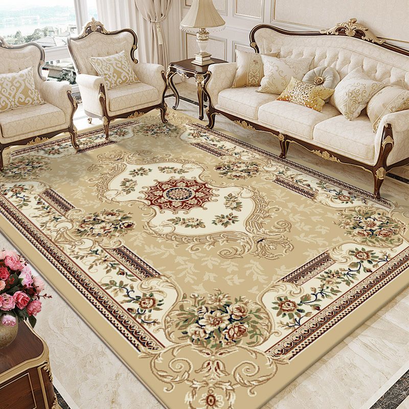 Beige Modern Area Rug European Style Pattern Carpet Polyester Anti-Slip Backing Rug for Home Decor