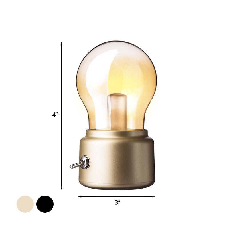 Creative Bulb Shade Amber Glass Night Table Lamp LED Nightstand Light with Black/Gold Base