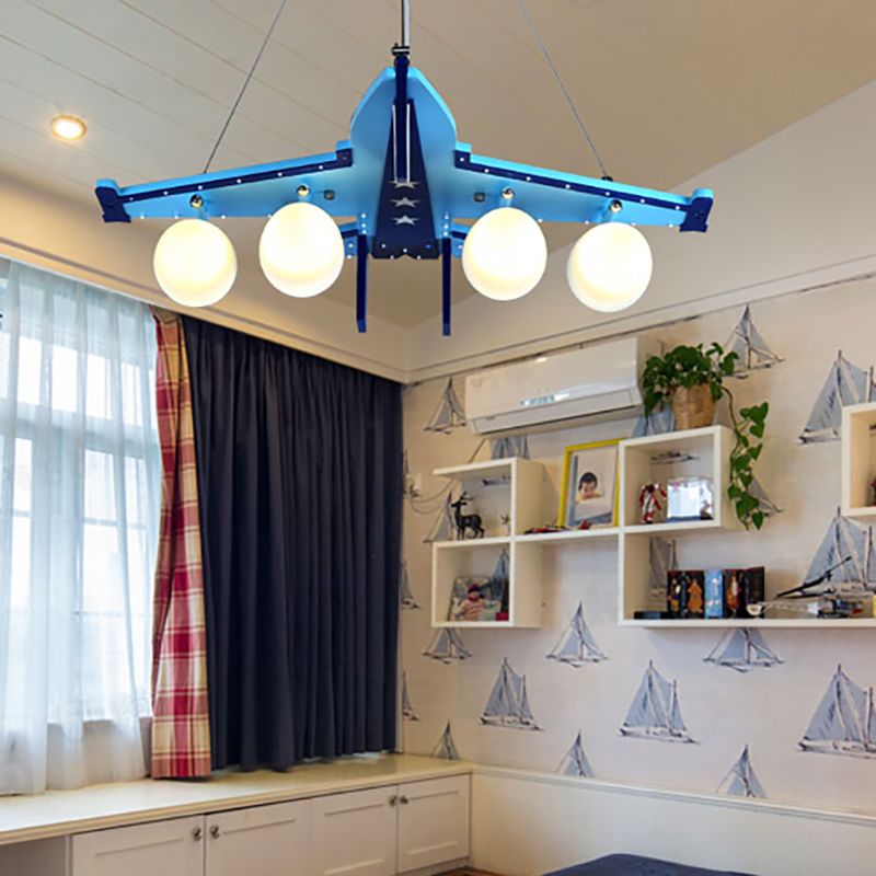 Kindergarten gevechtsvliegtuigen kroonluchter hout 4 lichten eigentijdse hemelsblauw plafondlamp