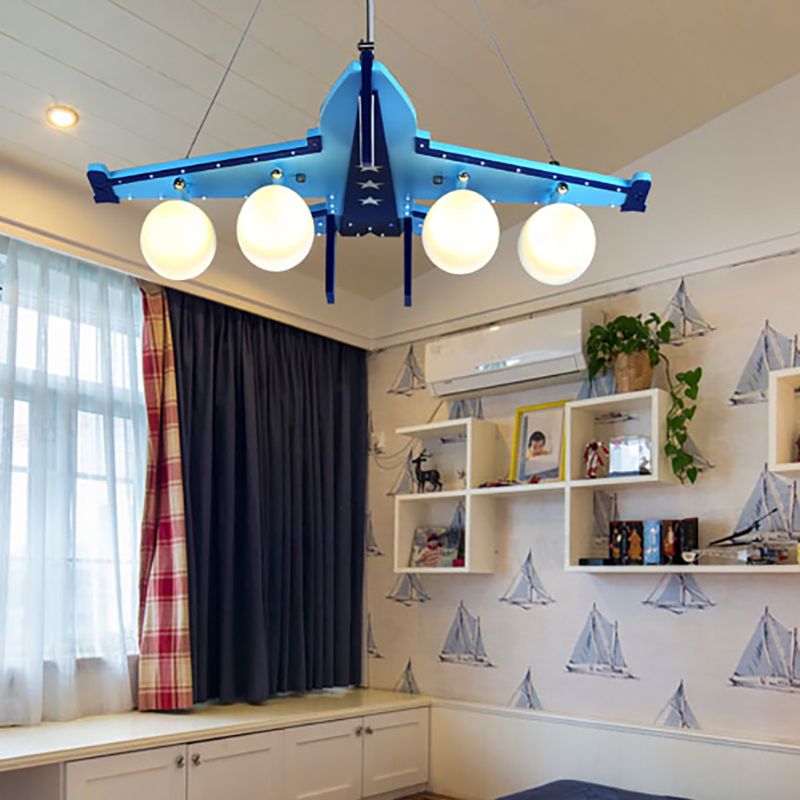 Kindergarten Combat Aircraft Chandelier Wood 4 Lights Contemporary Sky Blue Ceiling Lamp