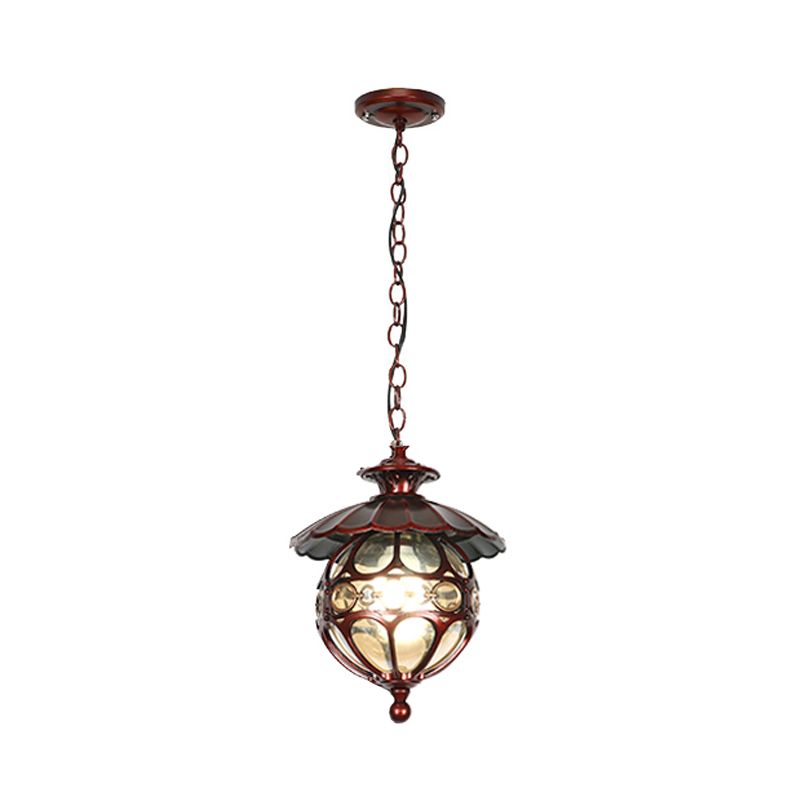 Single-Bulb Pendant Light Vintage Scalloped Aluminium Suspension Light with Globe Beige Glass Shade for Patio