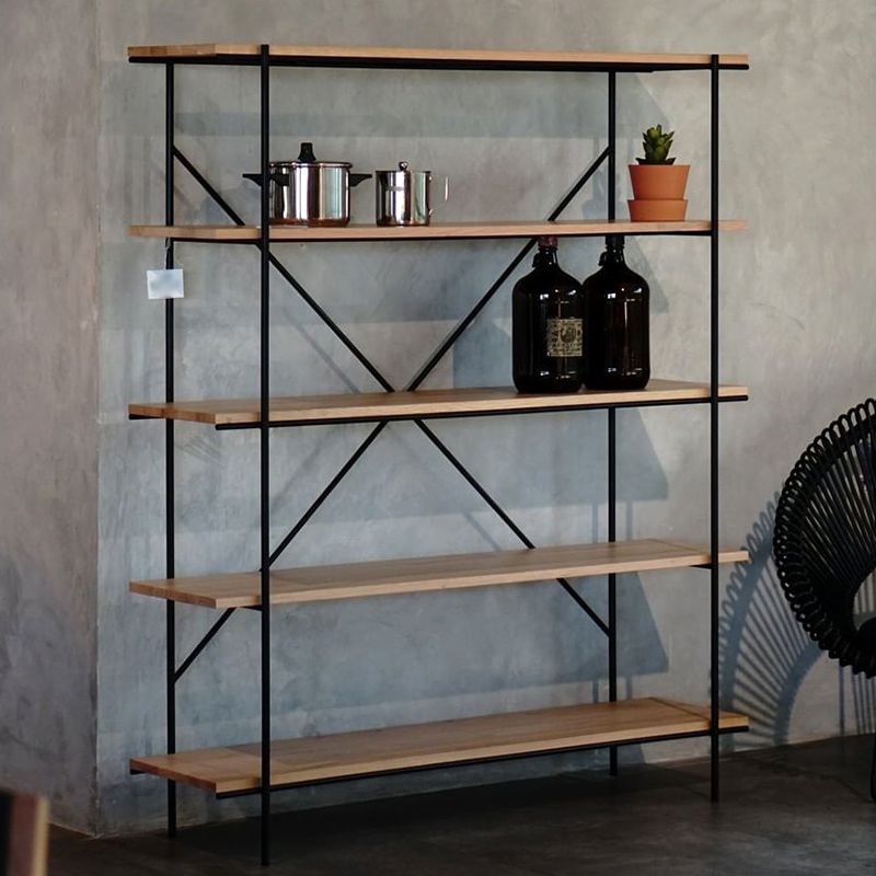 Industriële open etagere boekenplank van 5 plank met ijzeren frame dennenhoutplank