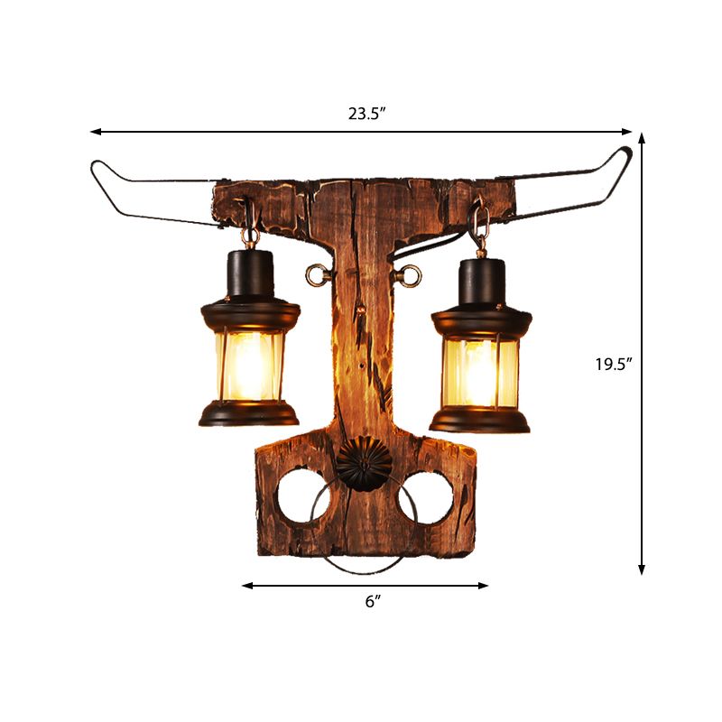 2-Light Wall Lamp Lighting Rustic Style Lantern Clear Glass Sconce Light Fixture in Black with Wooden Backplate