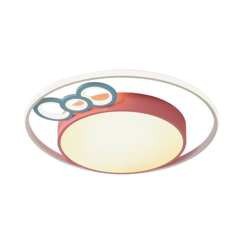 Drum Flush Pendant Ceiling Light Contemporary Acrylic Blue/Pink LED Flush Mount with Bownot for Bedroom