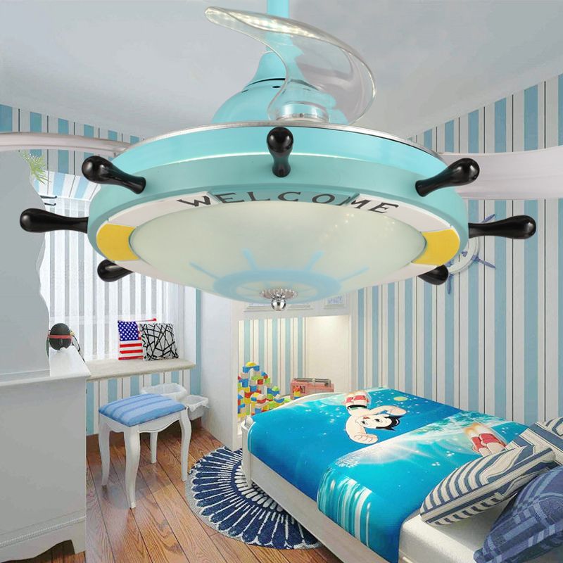 35.5 "Iluminación de ventilador de vidrio esbelto de 35.5" Niños 1 cabeza Azul Semi Flush Mount Lighture para dormitorio, 4 cuchillas