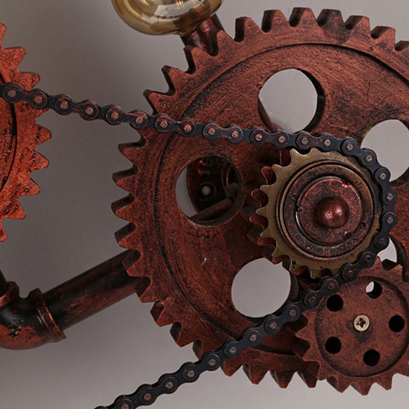 Gear Design Corridor Wall Sconce Lamp Wrought Iron 2 Lights Industrial Wall Light with Bare Bulb in Weathered Copper