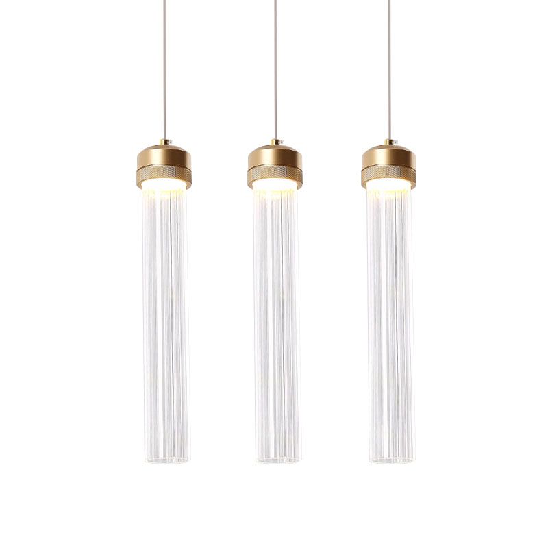 Clear Ribbed Glass Island Pendant Gold Finish Column Crystal Island Light