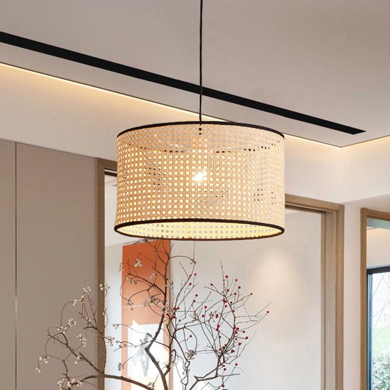 Bamboo Drum-Shaped Ceiling Pendant Lamp Modern Style Suspension Pendant Light in Beige
