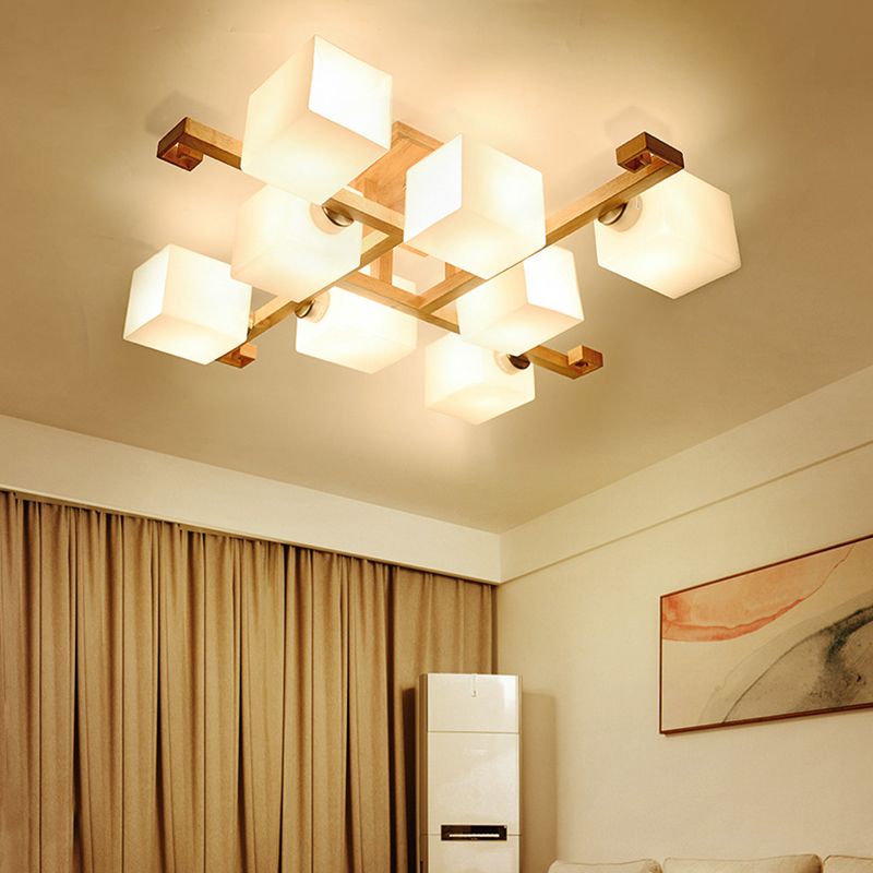 Modern Creative Indoor Semi Flush Mount Wooden Sputnik Ceiling Light with White Glass Shade