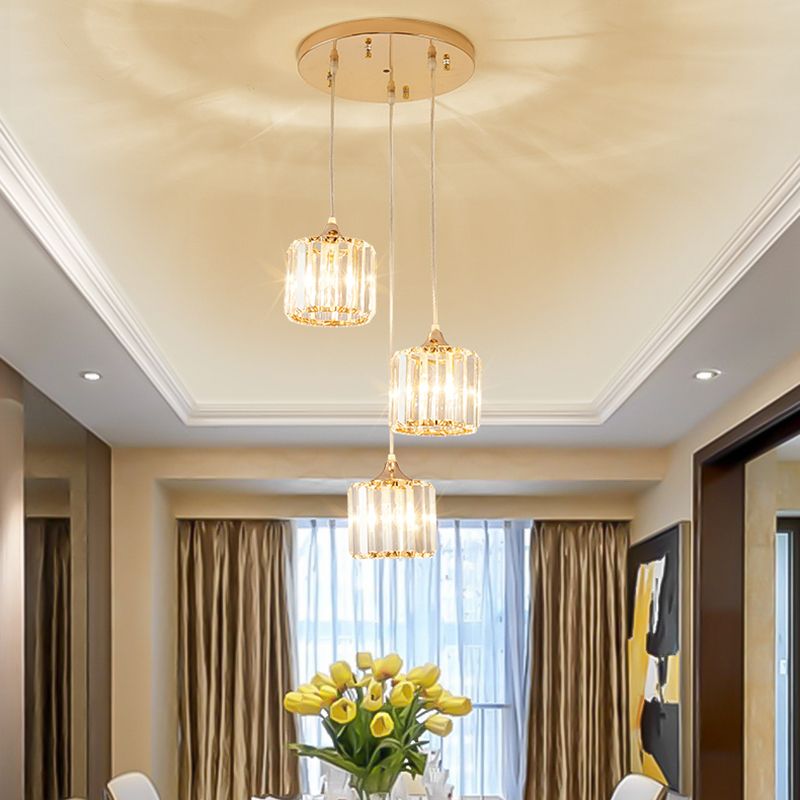 3 Lights Crystal Prism Pendant Light Fixture Modern Stylish Hanging Ceiling Light with Round Canopy in Gold