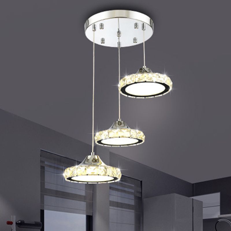 Chrome Finish Circular LED Pendant Modern Crystal Embedded Hanging Ceiling Light
