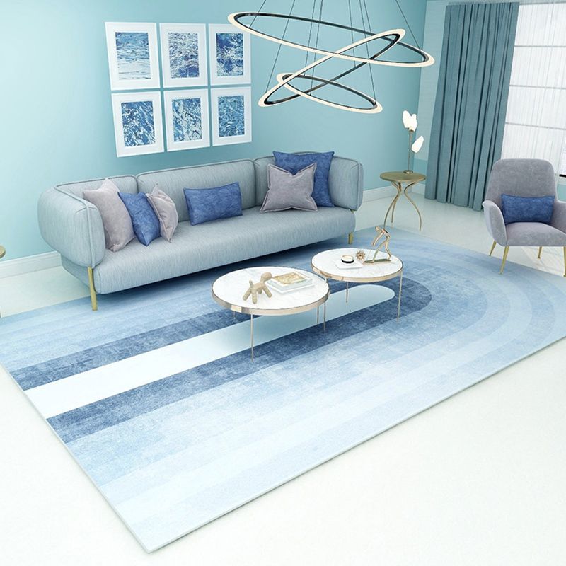 Minimalist Modern Rug in White and Blue Color Block Stripe Pattern Rug Polyester Non-Slip Carpet for Home Decoration
