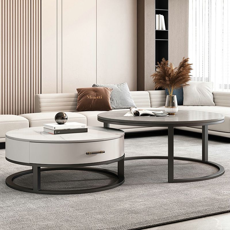 Slate Top Coffee Table Set Round Frame Cocktail Table with Drawers