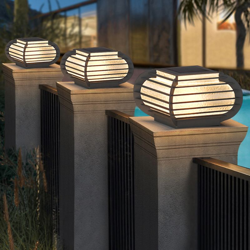 Drum Shape Metal Outdoor Light Modern 1 Light Solar Pillar Lamp in Black