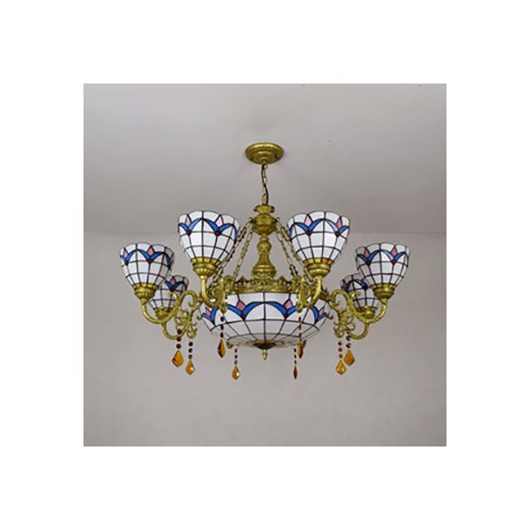 9 Lights Bowl Suspension Light Rustic Stained Glass Tulip Chandelier Light with Crystal in White for Bedroom