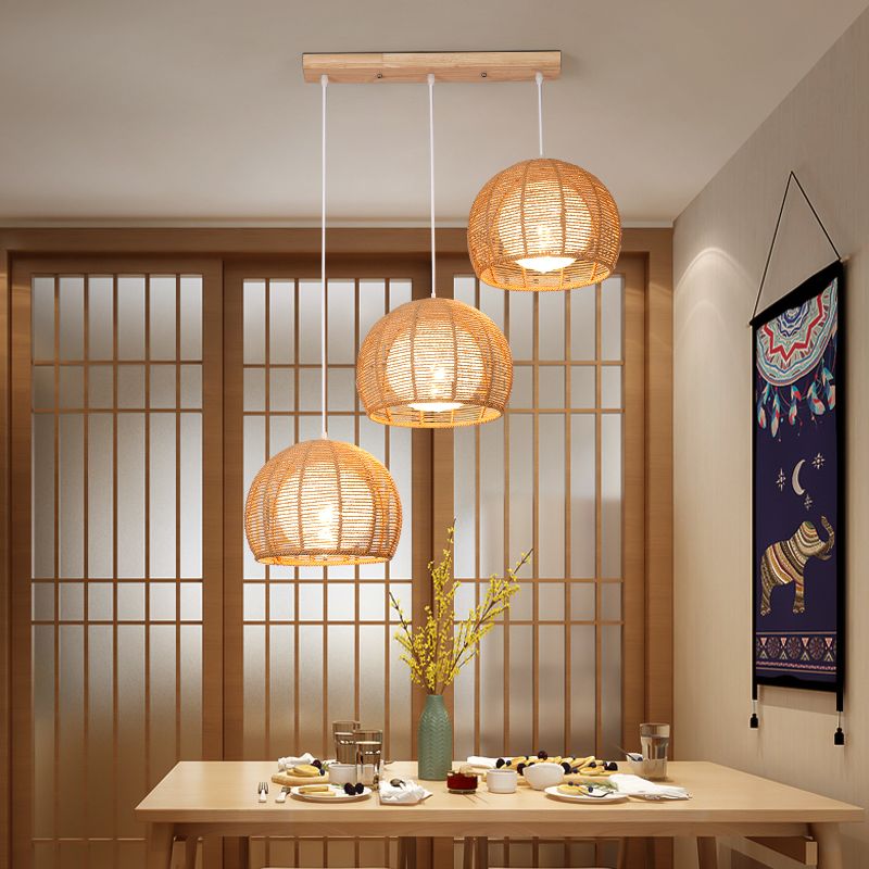 3 Lights Stairway Pendant Asian Style Multiple Hanging Light with Braided Bamboo Shade