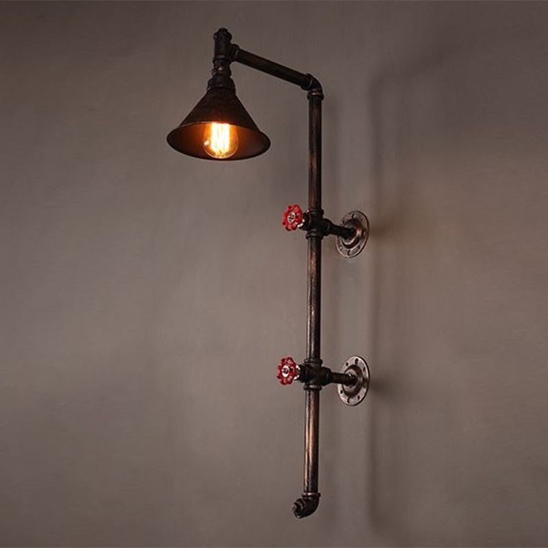 Single Wall Mount Light Industrial Funnel Iron Wall Light Fixture with Decorative Water Valve in Rust