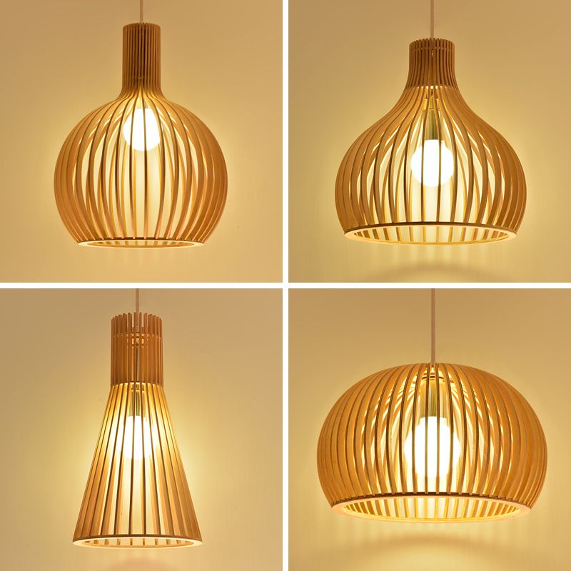 Modern Wood Pendant Lighting Fixture 1-Light Suspension Pendant Light in Natural Wood