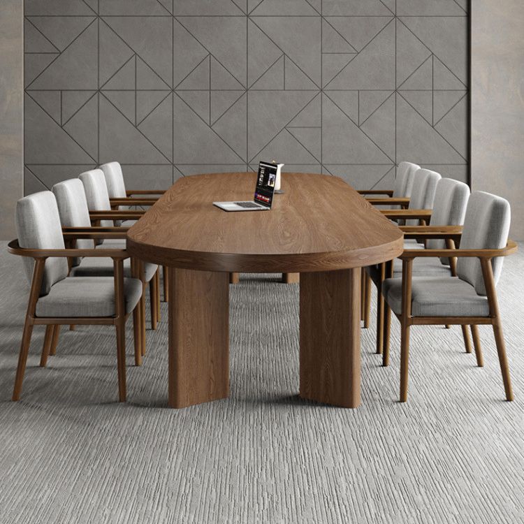 Solid Wood Top Dining Table Modern Oval Table with 4 Legs in Brown