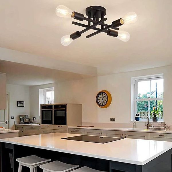 Black Radial Ceiling Light Bare Bulb Semi Flush Mount for Interior Spaces