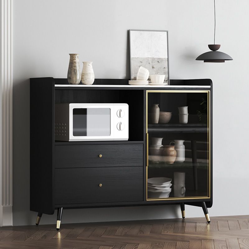 Black Open Storage Server Glam Wood Dining Server with 2-Drawer