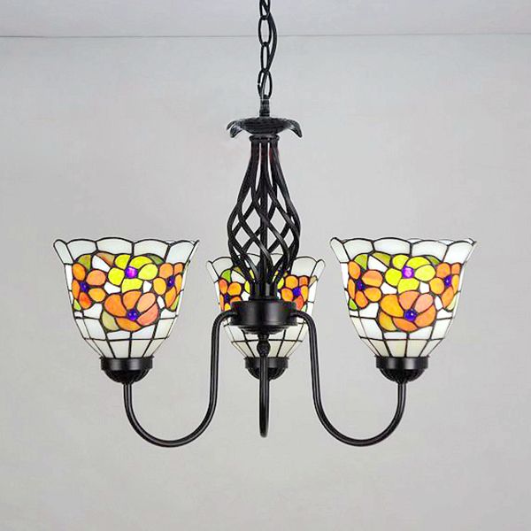 Gebrandschilderd glazen bloem hanglamp met verstelbare ketting en zwanenhal 3 lichten tiffany kroonluchter in oranje
