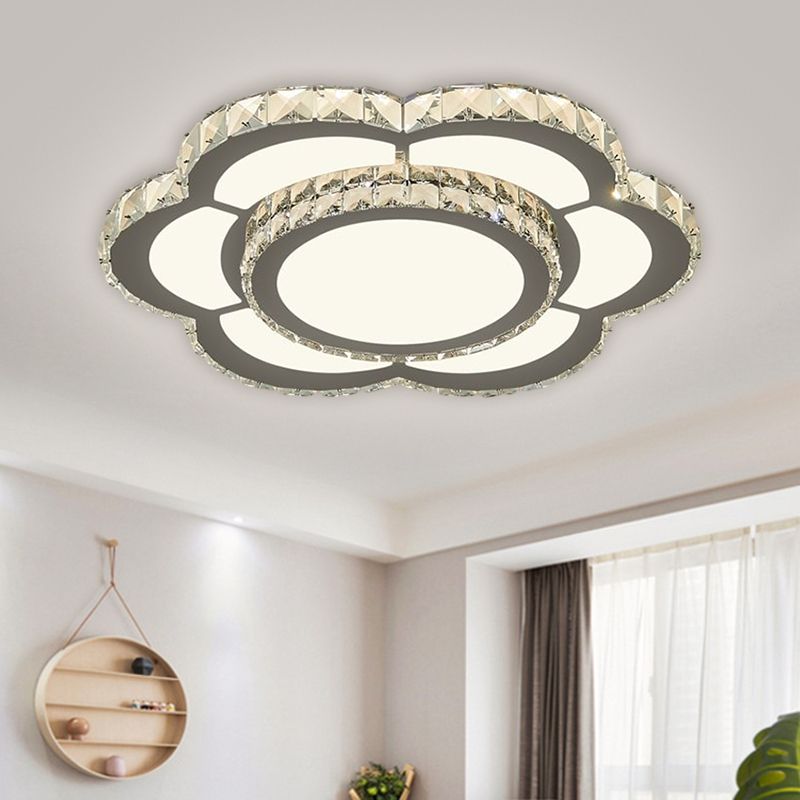 Chrome LED Flower Ceiling Flush Mount Simple Faceted Crystal Flushmount Lighting in Warm/White Light, 18"/23.5" Wide