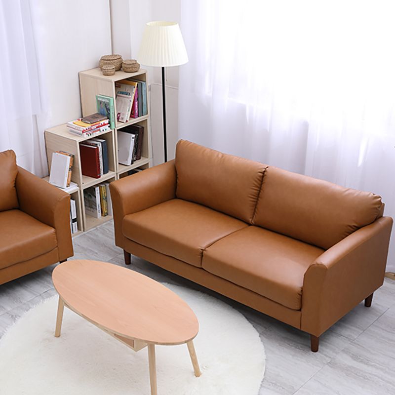 Modern 4 Wood Legs Standard Sofa Faux Leather Flared Arm Sofa