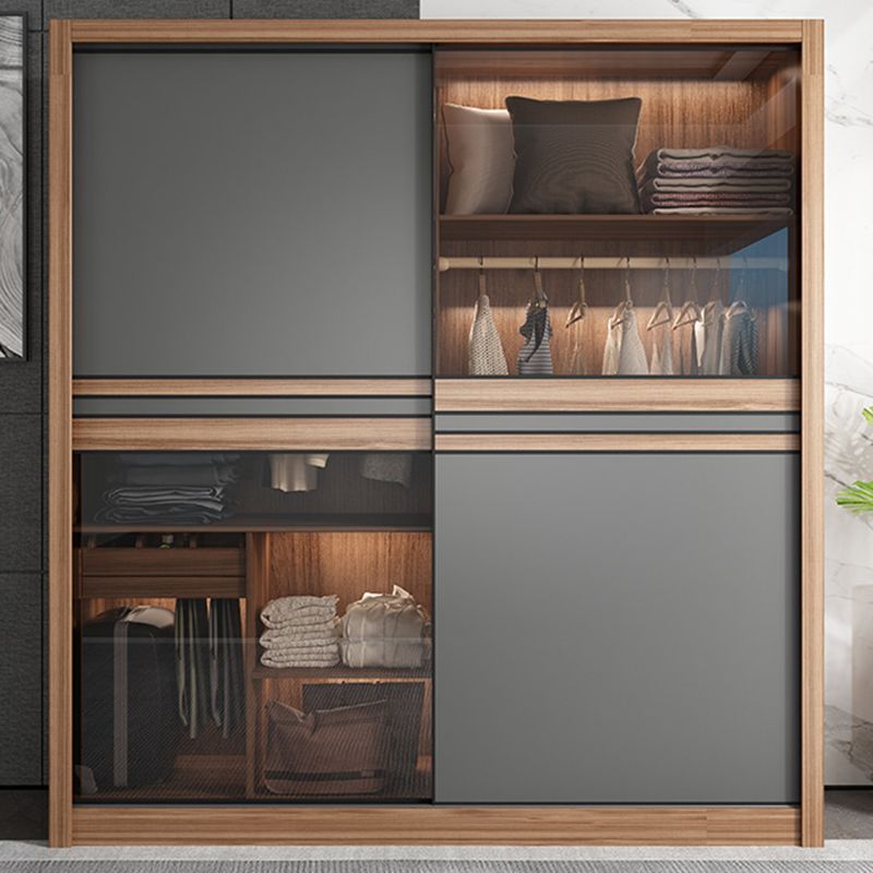 Brown and Gray Storage Cabinet Modern Sliding Door Cabinet with Drawers