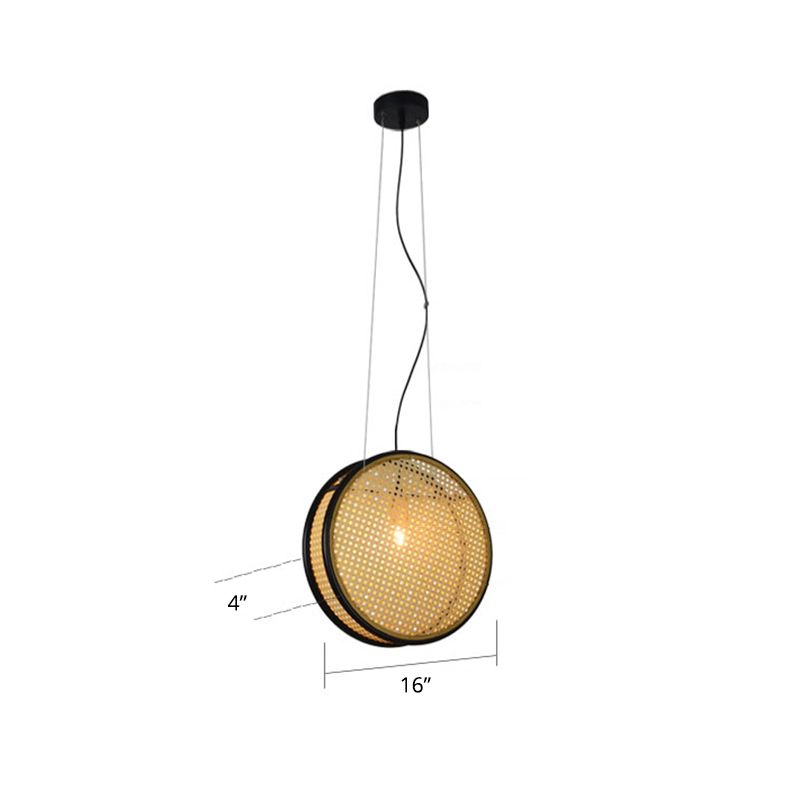 Beige Circle Hanging Ceiling Light Creative Asian 1-Light Rattan Drop Pendant for Bedroom