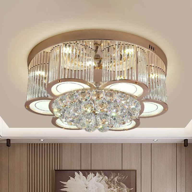 Gold Flower LED Ceiling Mounted Fixture Contemporary Fluted Clear Crystal Flush Light