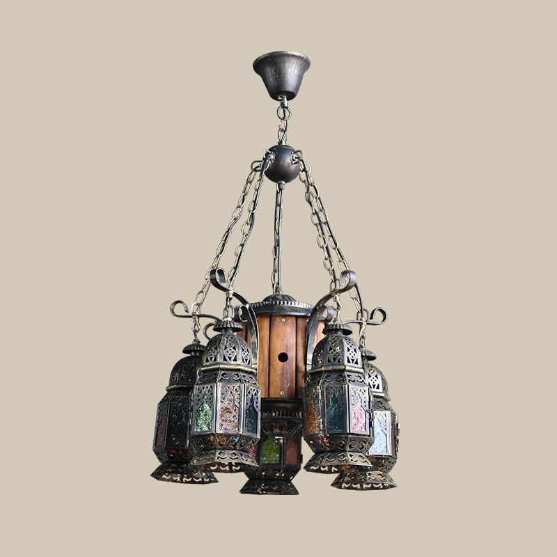 6 Heads Metal Hanging Lighting Arab Style Bronze Lantern Restaurant Ceiling Chandelier