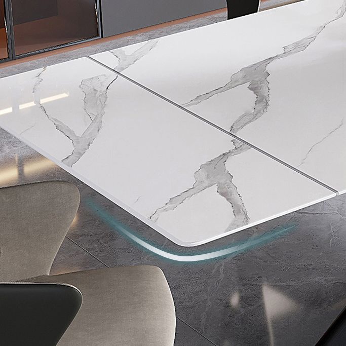 Mesa de comedor de piedra sinterizada extensible Mesa blanca industrial con pedestal de metal