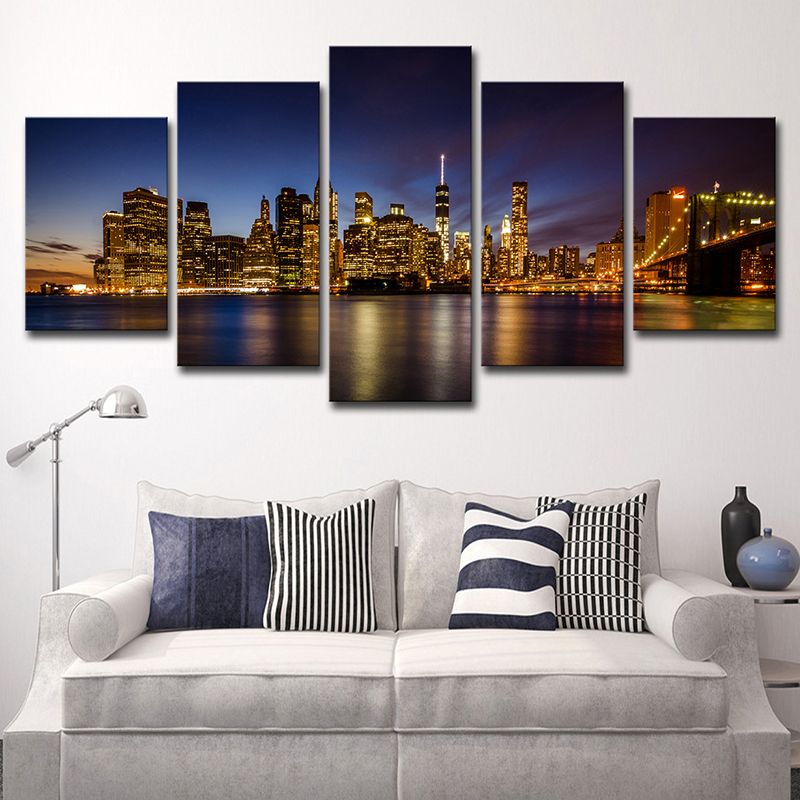 Brooklyn Bridge Wall Art Decor for Home Night Cityscape Canvas in Black, Multi-Piece