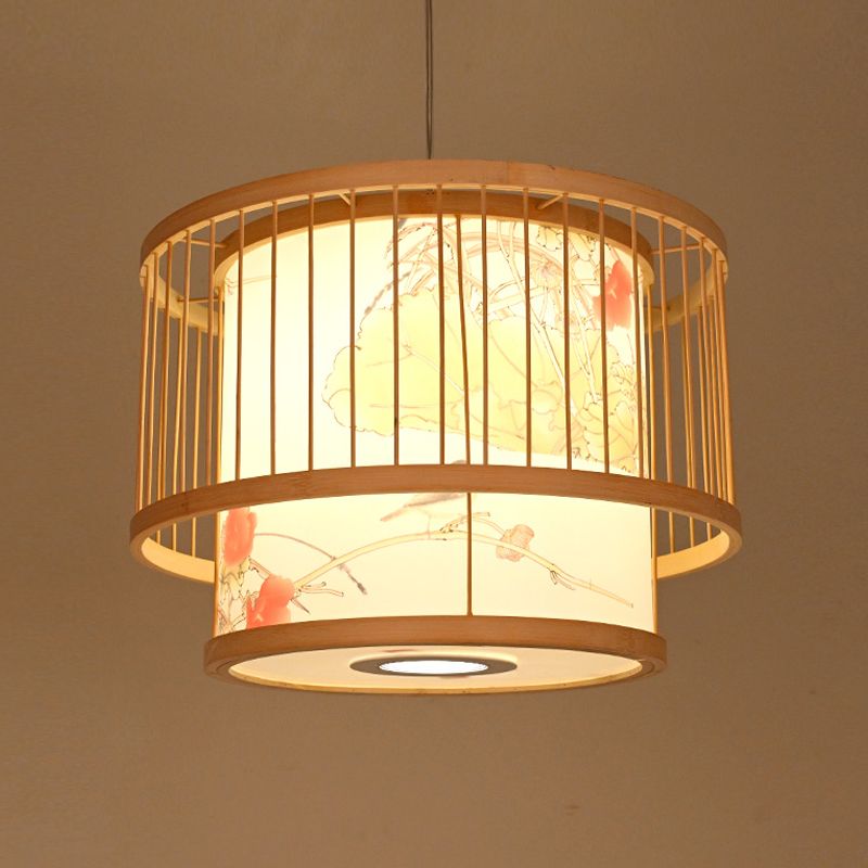 Lámpara de caída de bambú cilíndrica de restaurante de restaurante asiático con sombra impresa