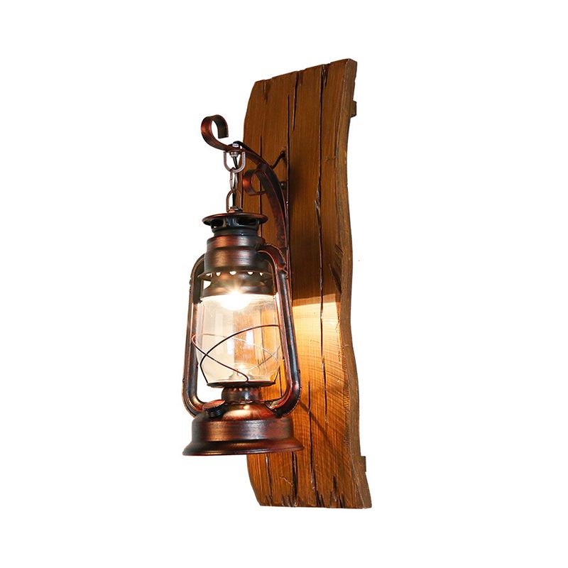 Brown Kerosene Lamp Wall Sconce Antique Clear Glass 1-Head Lodge Wall Light with Wood Backplate
