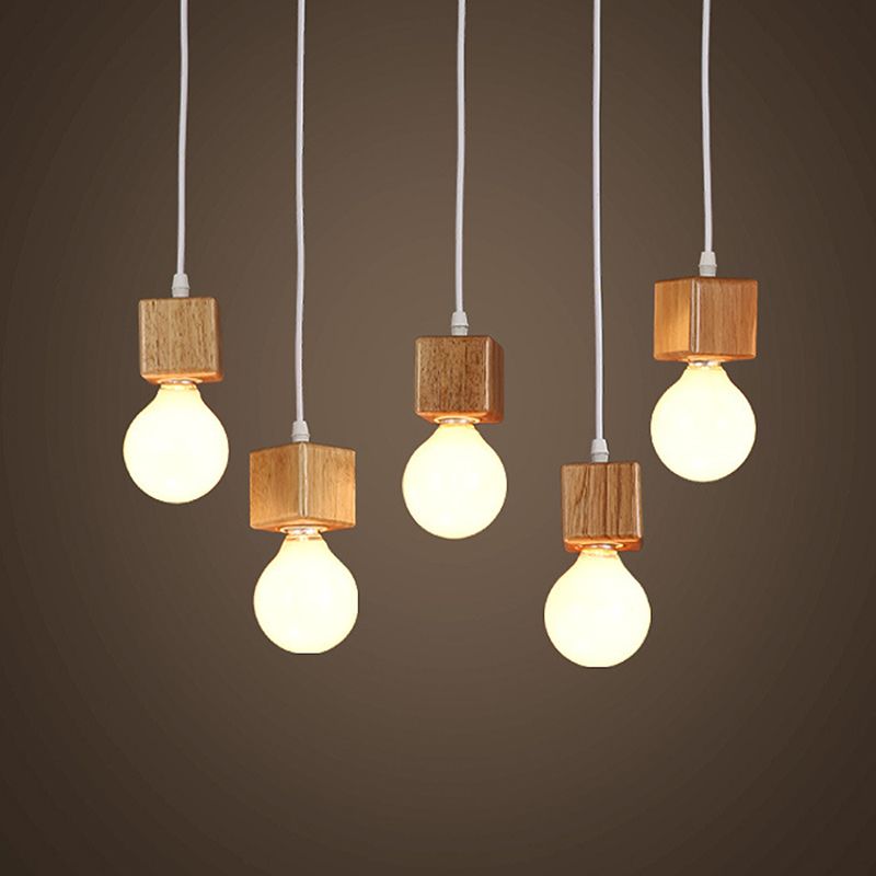 Minimalist Square Hanging Pendant Light Wooden Restaurant Suspension Pendant in Wood