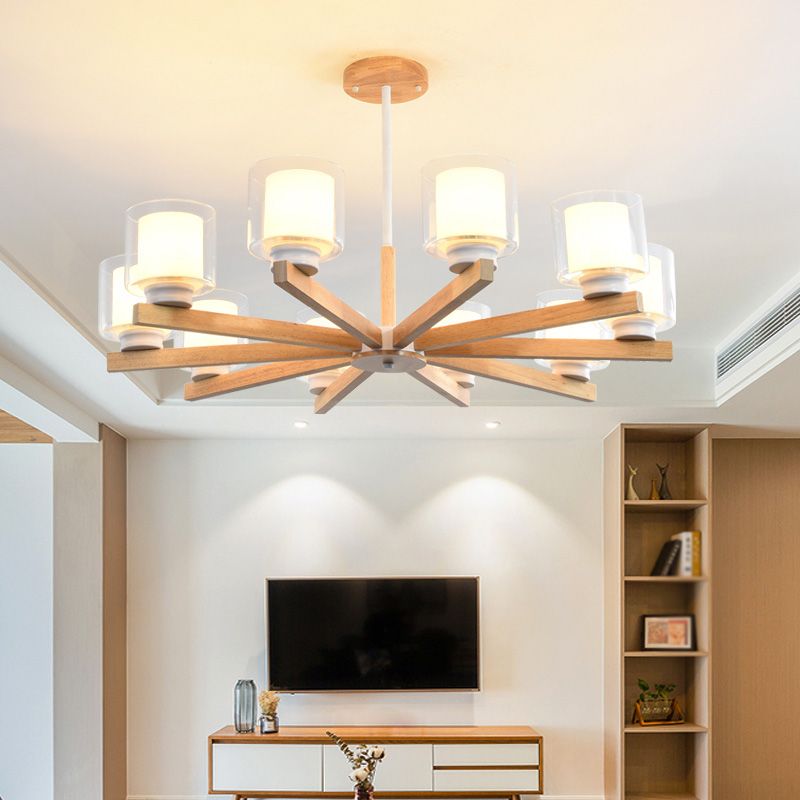 Wooden Chandelier Modern Living Room Suspension Lamp with Glass Shade